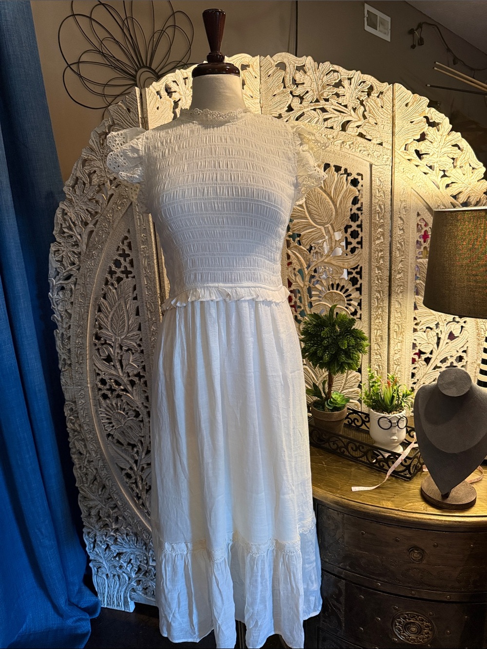Ivory Smocked Maxi Dress with Short Flutter Sleeves